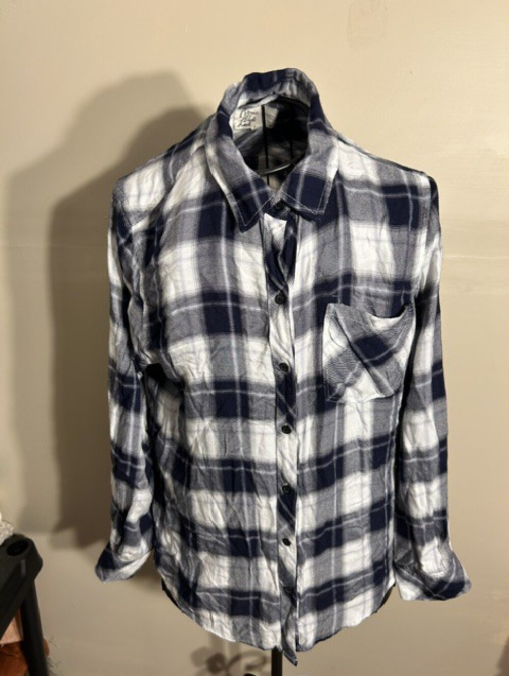 size small womens plaid flannel shirt black white  button up soft fall gorpcore